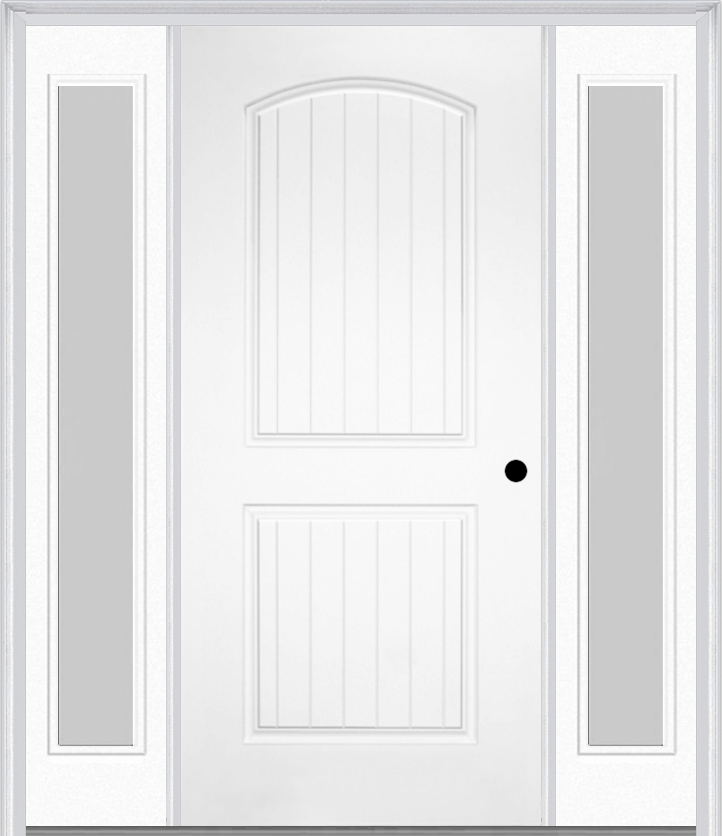 MMI 2 Panel Arch Planked 3'0" X 6'8" Fiberglass Smooth Exterior Prehung Door With 2 Full Lite Clear Or Privacy/Textured Glass Sidelights 200