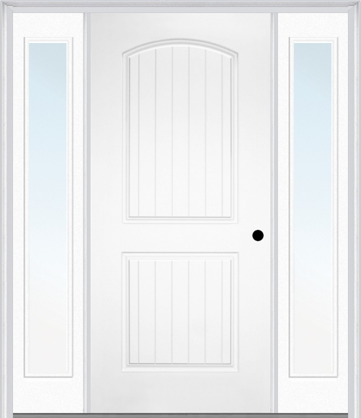 MMI 2 Panel Arch Planked 3'0" X 6'8" Fiberglass Smooth Exterior Prehung Door With 2 Full Lite Clear Or Privacy/Textured Glass Sidelights 200