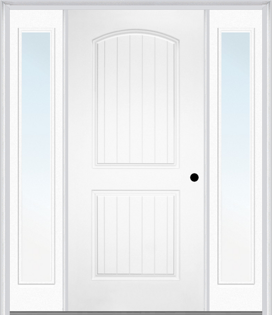 MMI 2 Panel Arch Planked 3'0" X 6'8" Fiberglass Smooth Exterior Prehung Door With 2 Full Lite Clear Or Privacy/Textured Glass Sidelights 200