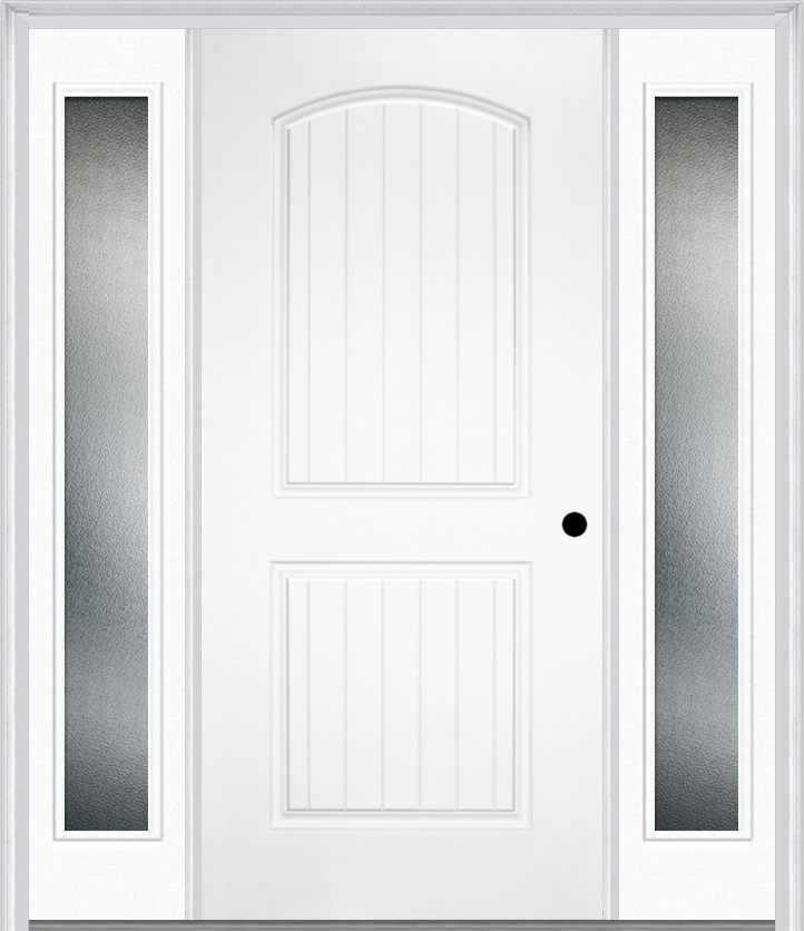 MMI 2 Panel Arch Planked 3'0" X 6'8" Fiberglass Smooth Exterior Prehung Door With 2 Full Lite Clear Or Privacy/Textured Glass Sidelights 200