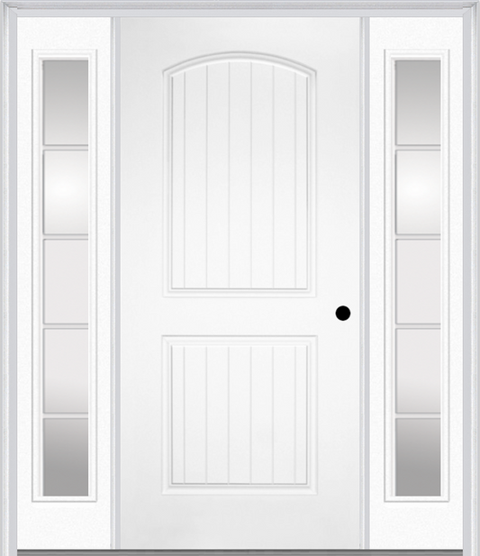 MMI 2 Panel Arch Planked 3'0" X 6'8" Fiberglass Smooth Exterior Prehung Door With 2 Full Lite SDL Grilles Glass Sidelights 200