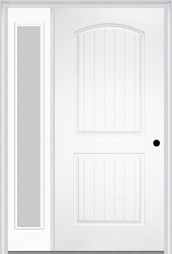 MMI 2 Panel Arch Planked 3'0" X 6'8" Fiberglass Smooth Exterior Prehung Door With 1 Full Lite Clear Or Privacy/Textured Glass Sidelight 200