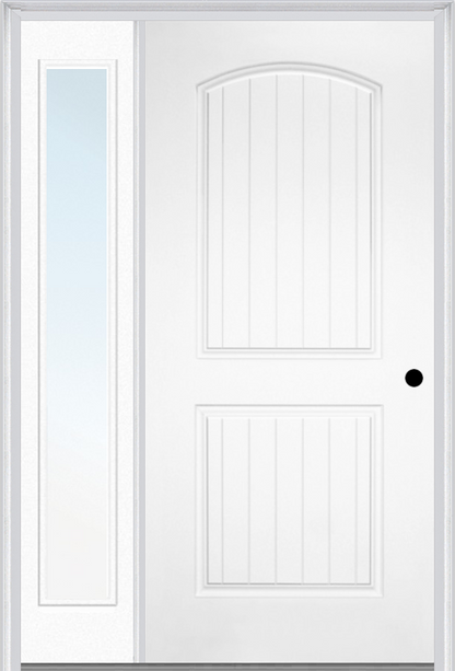 MMI 2 Panel Arch Planked 3'0" X 6'8" Fiberglass Smooth Exterior Prehung Door With 1 Full Lite Clear Or Privacy/Textured Glass Sidelight 200