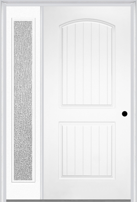MMI 2 Panel Arch Planked 3'0" X 6'8" Fiberglass Smooth Exterior Prehung Door With 1 Full Lite Clear Or Privacy/Textured Glass Sidelight 200