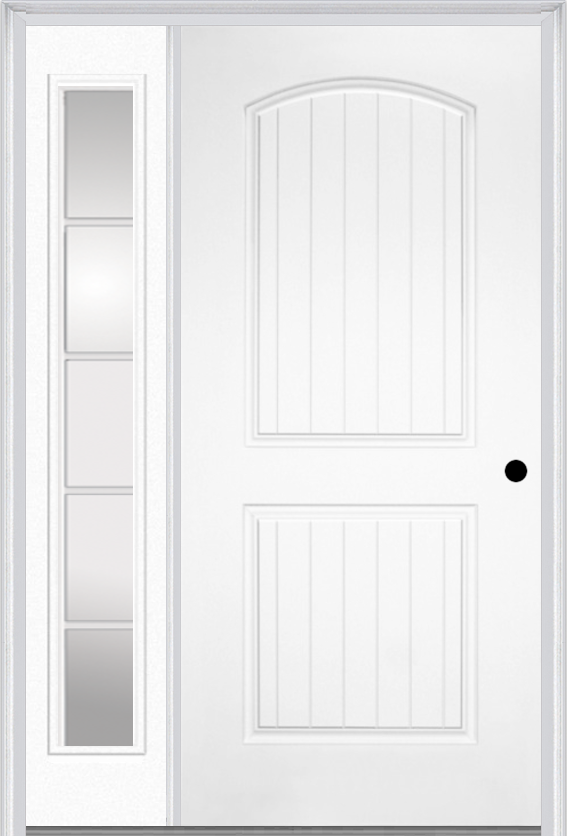 MMI 2 Panel Arch Planked 3'0" X 6'8" Fiberglass Smooth Exterior Prehung Door With 1 Full Lite SDL Grilles Glass Sidelight 200