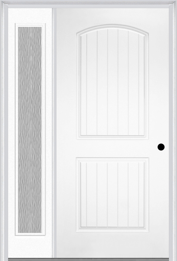 MMI 2 Panel Arch Planked 3'0" X 6'8" Fiberglass Smooth Exterior Prehung Door With 1 Full Lite Clear Or Privacy/Textured Glass Sidelight 200