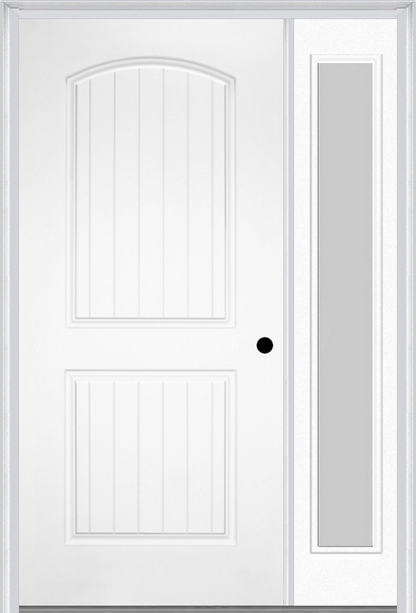 MMI 2 Panel Arch Planked 3'0" X 6'8" Fiberglass Smooth Exterior Prehung Door With 1 Full Lite Clear Or Privacy/Textured Glass Sidelight 200