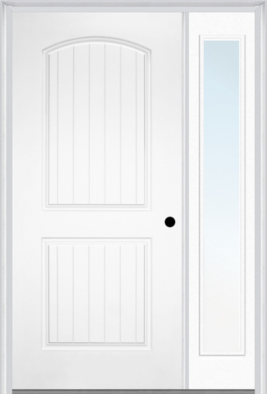 MMI 2 Panel Arch Planked 3'0" X 6'8" Fiberglass Smooth Exterior Prehung Door With 1 Full Lite Clear Or Privacy/Textured Glass Sidelight 200