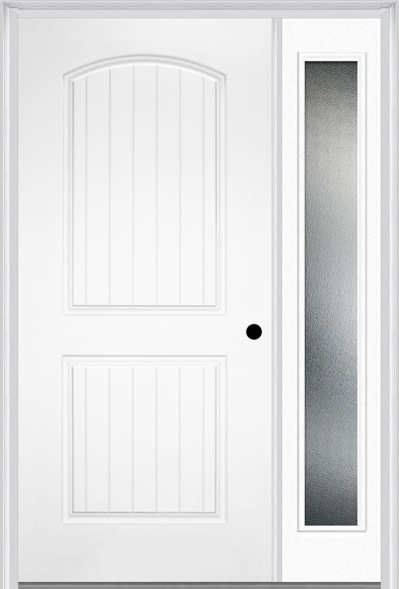 MMI 2 Panel Arch Planked 3'0" X 6'8" Fiberglass Smooth Exterior Prehung Door With 1 Full Lite Clear Or Privacy/Textured Glass Sidelight 200