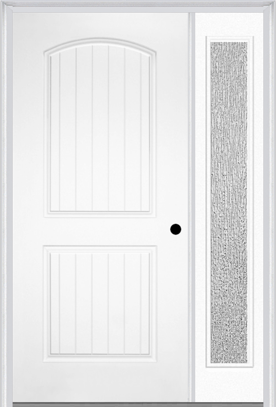 MMI 2 Panel Arch Planked 3'0" X 6'8" Fiberglass Smooth Exterior Prehung Door With 1 Full Lite Clear Or Privacy/Textured Glass Sidelight 200
