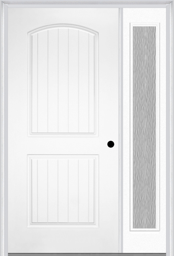 MMI 2 Panel Arch Planked 3'0" X 6'8" Fiberglass Smooth Exterior Prehung Door With 1 Full Lite Clear Or Privacy/Textured Glass Sidelight 200