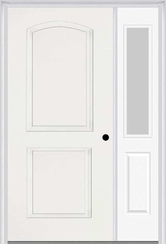 MMI 2 Panel Arch 3'0" X 6'8" Fiberglass Smooth Exterior Prehung Door With 1 Half Lite Clear Or Privacy/Textured Glass Sidelight 22