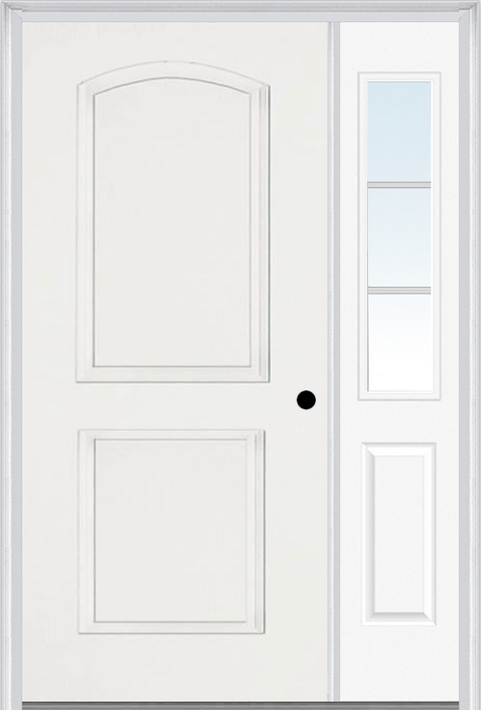 MMI 2 Panel Arch 3'0" X 6'8" Fiberglass Smooth Exterior Prehung Door With 1 Half Lite SDL Grilles Glass Sidelight 22