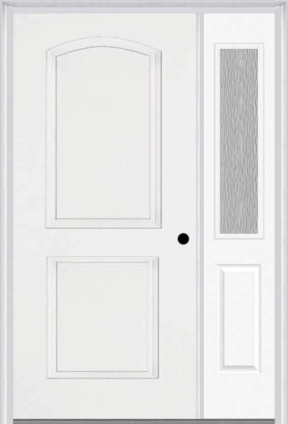 MMI 2 Panel Arch 3'0" X 6'8" Fiberglass Smooth Exterior Prehung Door With 1 Half Lite Clear Or Privacy/Textured Glass Sidelight 22