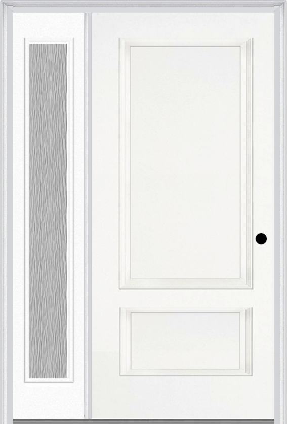 MMI 2 Panel 3'0" X 6'8" Fiberglass Smooth Exterior Prehung Door With 1 Full Lite Clear Or Privacy/Textured Glass Sidelight 110