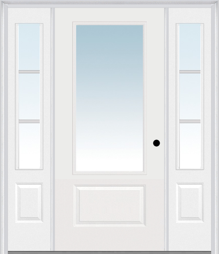 MMI 3/4 Lite 1 Panel 3'0" X 6'8" Fiberglass Smooth Exterior Prehung Door With 2 SDL Grilles 3/4 Lite Low-E Glass Sidelights 608