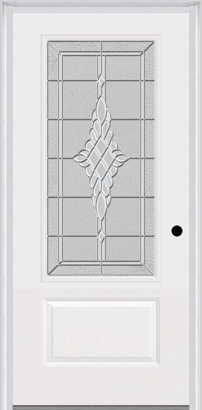 MMI 3/4 Lite 1 Panel 3'0" X 6'8" Fiberglass Smooth Grace Nickel Or Grace Patina Decorative Glass Exterior Prehung Door 608