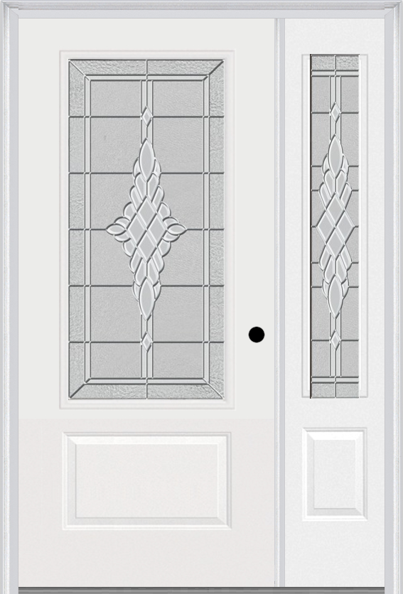 MMI 3/4 Lite 1 Panel 3'0" X 6'8" Fiberglass Smooth Grace Nickel Or Grace Patina Exterior Prehung Door With 1 Grace Nickel/Patina 3/4 Lite Decorative Glass Sidelight 608