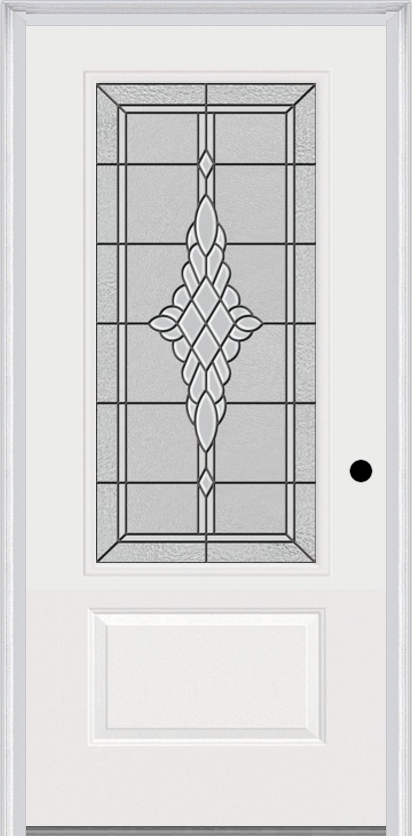 MMI 3/4 Lite 1 Panel 3'0" X 6'8" Fiberglass Smooth Grace Nickel Or Grace Patina Decorative Glass Exterior Prehung Door 608