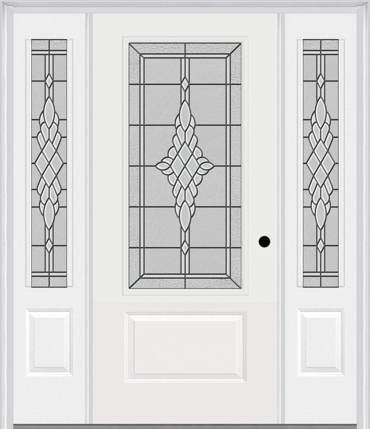 MMI 3/4 Lite 1 Panel 6'8" Fiberglass Smooth Grace Nickel Or Grace Patina Exterior Prehung Door With 2 Grace Nickel/Patina 3/4 Lite Decorative Glass Sidelights 608