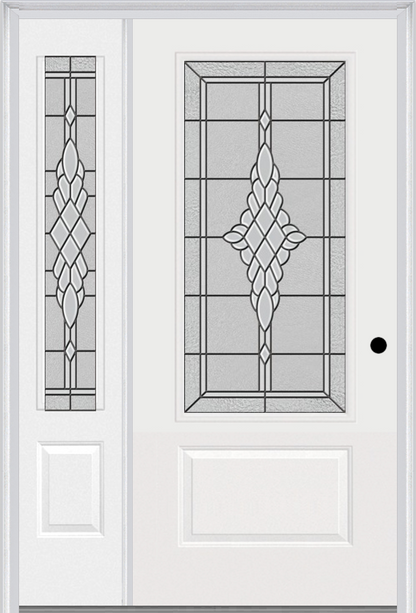 MMI 3/4 Lite 1 Panel 3'0" X 6'8" Fiberglass Smooth Grace Nickel Or Grace Patina Exterior Prehung Door With 1 Grace Nickel/Patina 3/4 Lite Decorative Glass Sidelight 608