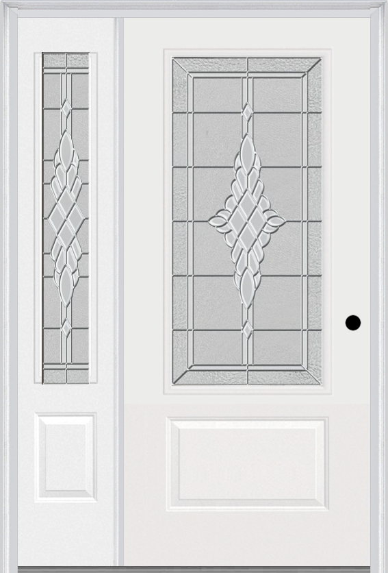 MMI 3/4 Lite 1 Panel 3'0" X 6'8" Fiberglass Smooth Grace Nickel Or Grace Patina Exterior Prehung Door With 1 Grace Nickel/Patina 3/4 Lite Decorative Glass Sidelight 608