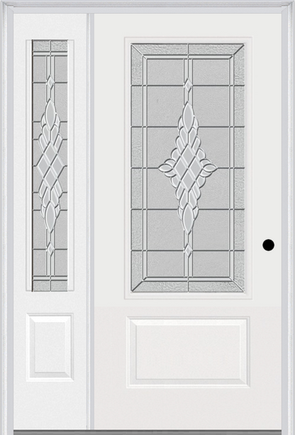 MMI 3/4 Lite 1 Panel 3'0" X 6'8" Fiberglass Smooth Grace Nickel Or Grace Patina Exterior Prehung Door With 1 Grace Nickel/Patina 3/4 Lite Decorative Glass Sidelight 608