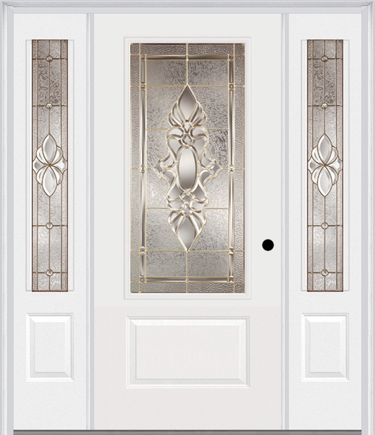 MMI 3/4 Lite 1 Panel 6'8" Fiberglass Smooth Heirlooms Brass Or Heirlooms Satin Nickel Exterior Prehung Door With 2 Heirlooms Brass/Satin Nickel 3/4 Lite Decorative Glass Sidelights 608