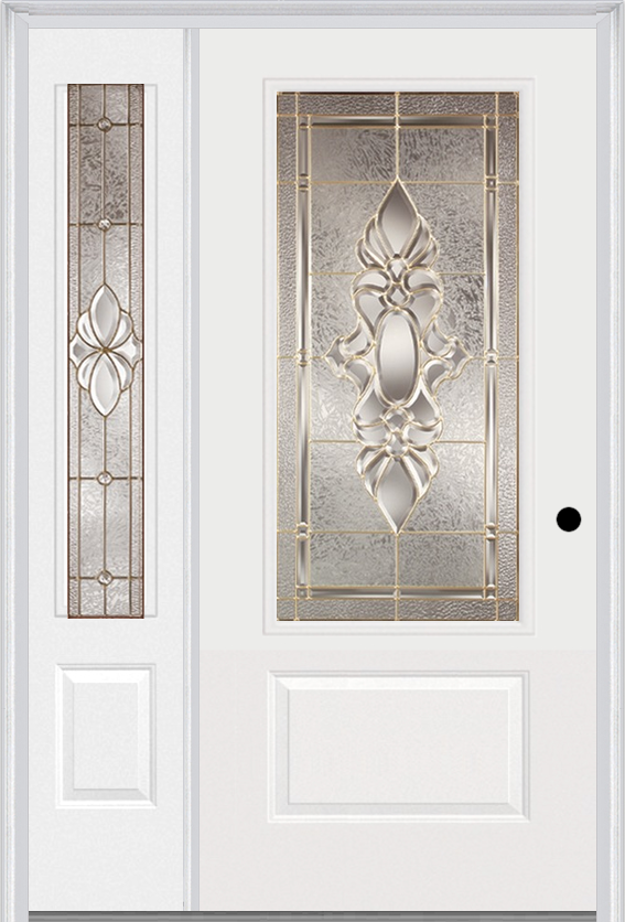 MMI 3/4 Lite 1 Panel 3'0" X 6'8" Fiberglass Smooth Heirlooms Brass Or Heirlooms Satin Nickel Exterior Prehung Door With 1 Heirlooms Brass/Satin Nickel 3/4 Lite Decorative Glass Sidelight 608