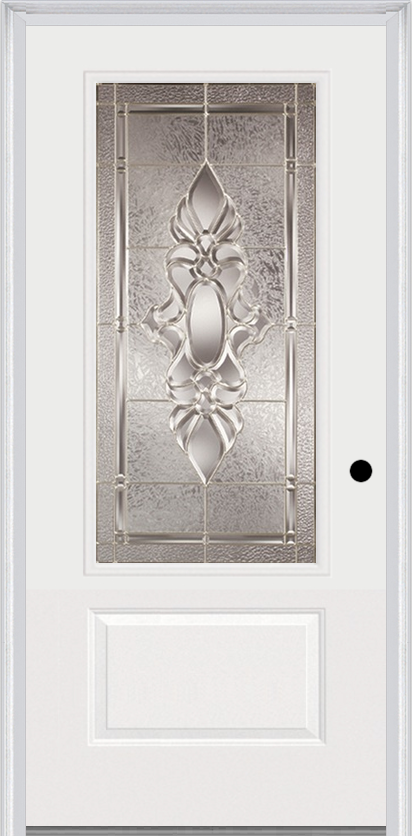 MMI 3/4 Lite 1 Panel 3'0" X 6'8" Fiberglass Smooth Heirlooms Brass Or Heirlooms Satin Nickel Decorative Glass Exterior Prehung Door 608