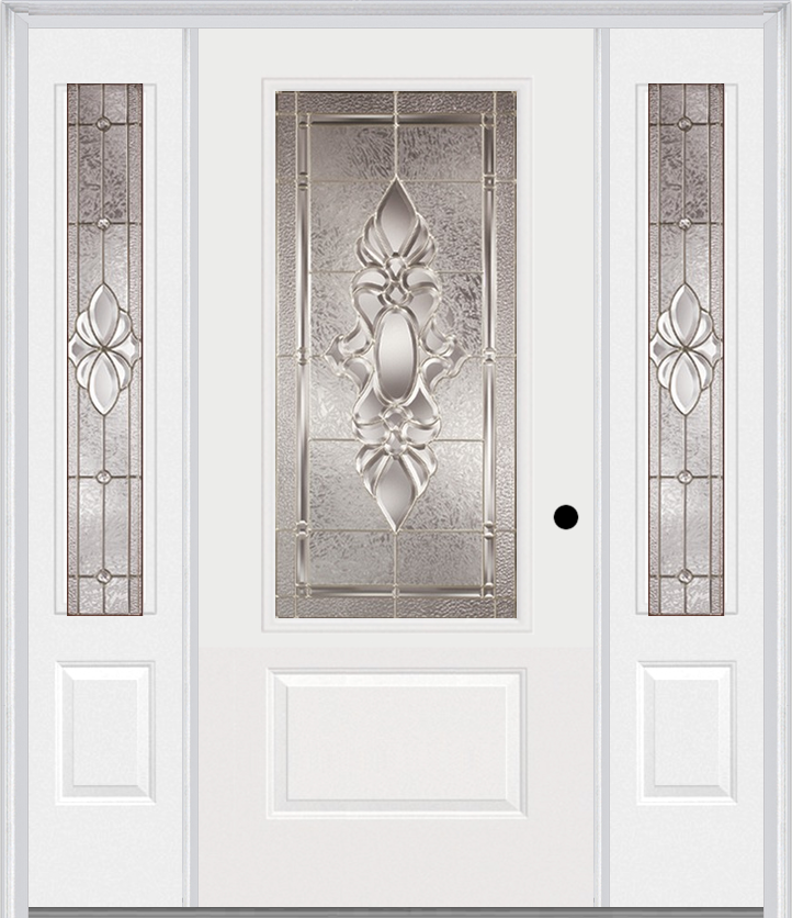 MMI 3/4 Lite 1 Panel 6'8" Fiberglass Smooth Heirlooms Brass Or Heirlooms Satin Nickel Exterior Prehung Door With 2 Heirlooms Brass/Satin Nickel 3/4 Lite Decorative Glass Sidelights 608