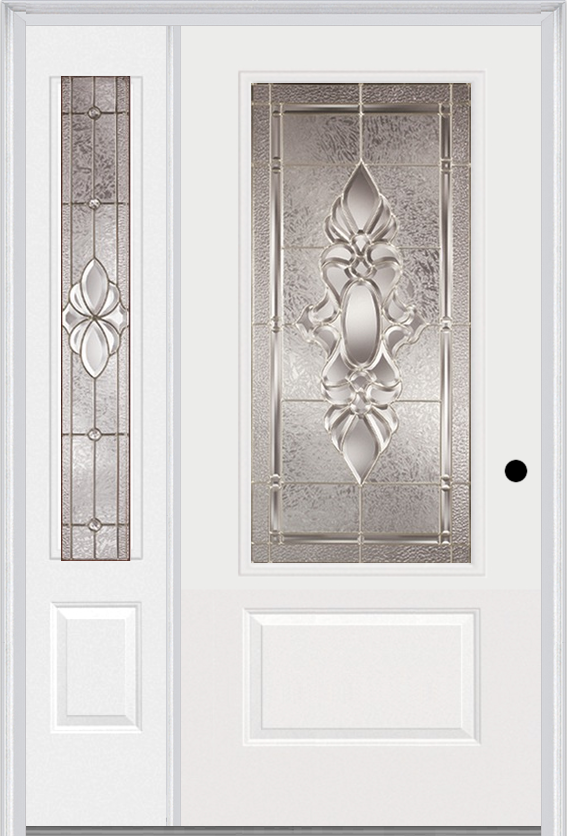 MMI 3/4 Lite 1 Panel 3'0" X 6'8" Fiberglass Smooth Heirlooms Brass Or Heirlooms Satin Nickel Exterior Prehung Door With 1 Heirlooms Brass/Satin Nickel 3/4 Lite Decorative Glass Sidelight 608