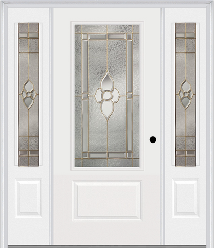 MMI 3/4 Lite 1 Panel 6'8" Fiberglass Smooth Nouveau Nickel Or Nouveau Patina Exterior Prehung Door With 2 Nouveau Brass/Nickel/Patina 3/4 Lite Decorative Glass Sidelights 608