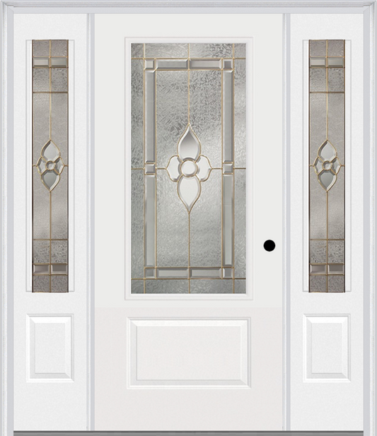 MMI 3/4 Lite 1 Panel 6'8" Fiberglass Smooth Nouveau Nickel Or Nouveau Patina Exterior Prehung Door With 2 Nouveau Brass/Nickel/Patina 3/4 Lite Decorative Glass Sidelights 608