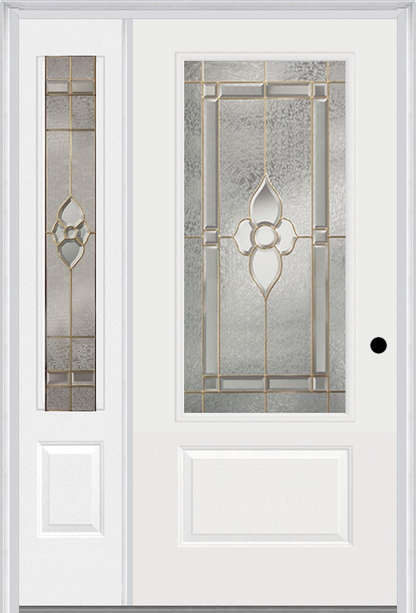 MMI 3/4 Lite 1 Panel 3'0" X 6'8" Fiberglass Smooth Nouveau Nickel Or Nouveau Patina Exterior Prehung Door With 1 Nouveau Brass/Nickel/Patina 3/4 Lite Decorative Glass Sidelight 608