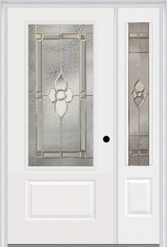 MMI 3/4 Lite 1 Panel 3'0" X 6'8" Fiberglass Smooth Nouveau Nickel Or Nouveau Patina Exterior Prehung Door With 1 Nouveau Brass/Nickel/Patina 3/4 Lite Decorative Glass Sidelight 608