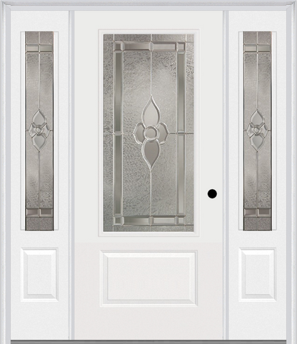 MMI 3/4 Lite 1 Panel 6'8" Fiberglass Smooth Nouveau Nickel Or Nouveau Patina Exterior Prehung Door With 2 Nouveau Brass/Nickel/Patina 3/4 Lite Decorative Glass Sidelights 608