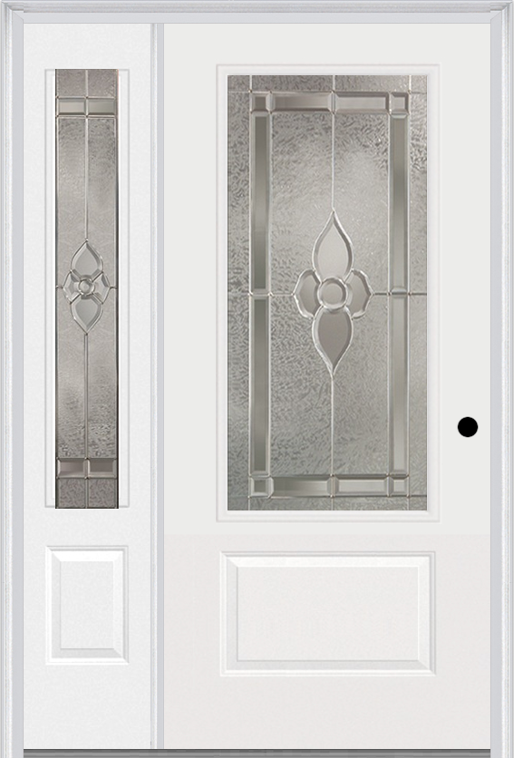 MMI 3/4 Lite 1 Panel 3'0" X 6'8" Fiberglass Smooth Nouveau Nickel Or Nouveau Patina Exterior Prehung Door With 1 Nouveau Brass/Nickel/Patina 3/4 Lite Decorative Glass Sidelight 608