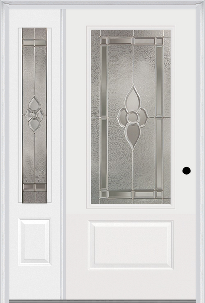 MMI 3/4 Lite 1 Panel 3'0" X 6'8" Fiberglass Smooth Nouveau Nickel Or Nouveau Patina Exterior Prehung Door With 1 Nouveau Brass/Nickel/Patina 3/4 Lite Decorative Glass Sidelight 608