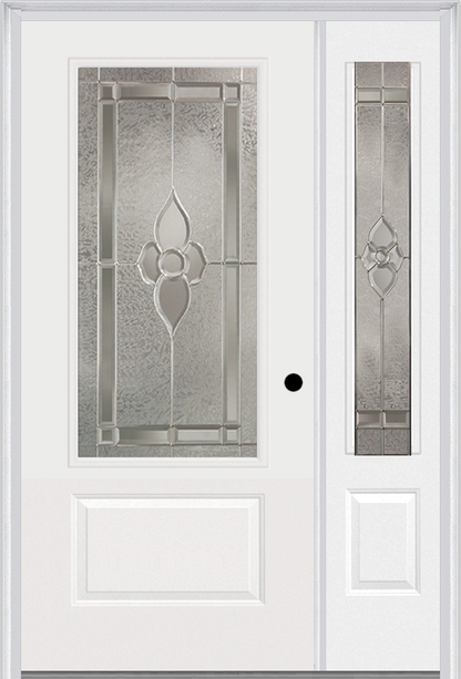 MMI 3/4 Lite 1 Panel 3'0" X 6'8" Fiberglass Smooth Nouveau Nickel Or Nouveau Patina Exterior Prehung Door With 1 Nouveau Brass/Nickel/Patina 3/4 Lite Decorative Glass Sidelight 608