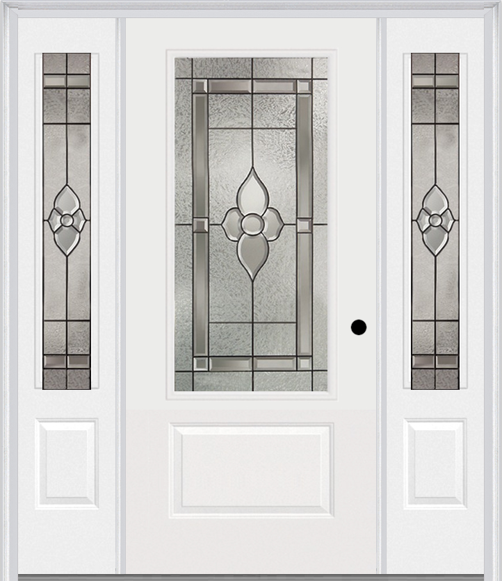 MMI 3/4 Lite 1 Panel 6'8" Fiberglass Smooth Nouveau Nickel Or Nouveau Patina Exterior Prehung Door With 2 Nouveau Brass/Nickel/Patina 3/4 Lite Decorative Glass Sidelights 608