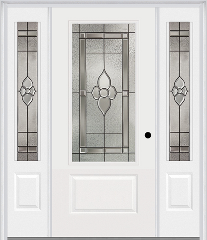 MMI 3/4 Lite 1 Panel 6'8" Fiberglass Smooth Nouveau Nickel Or Nouveau Patina Exterior Prehung Door With 2 Nouveau Brass/Nickel/Patina 3/4 Lite Decorative Glass Sidelights 608