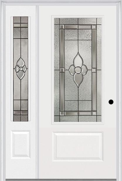 MMI 3/4 Lite 1 Panel 3'0" X 6'8" Fiberglass Smooth Nouveau Nickel Or Nouveau Patina Exterior Prehung Door With 1 Nouveau Brass/Nickel/Patina 3/4 Lite Decorative Glass Sidelight 608