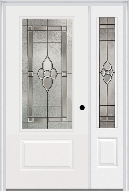 MMI 3/4 Lite 1 Panel 3'0" X 6'8" Fiberglass Smooth Nouveau Nickel Or Nouveau Patina Exterior Prehung Door With 1 Nouveau Brass/Nickel/Patina 3/4 Lite Decorative Glass Sidelight 608