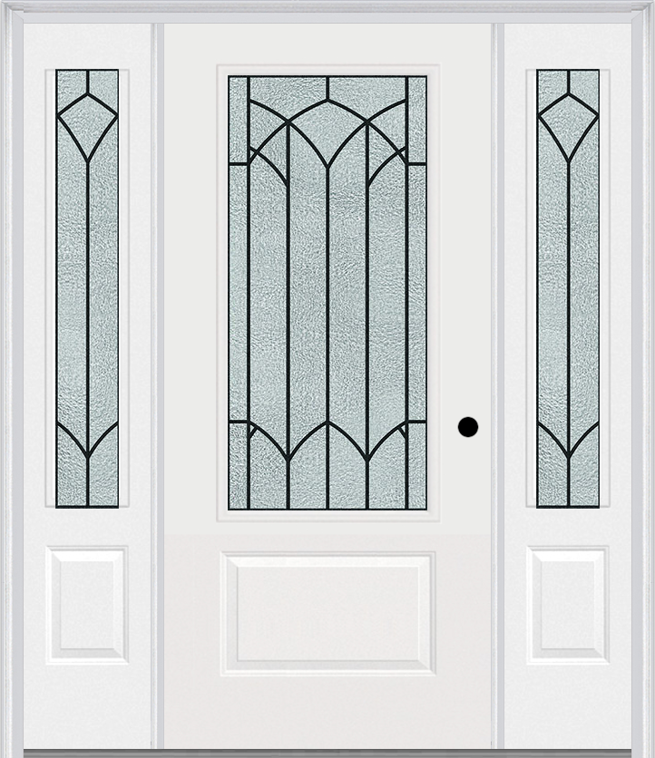 MMI 3/4 Lite 1 Panel 6'8" Fiberglass Smooth Montclaire Wrought Iron Exterior Prehung Door With 2 Montclaire Wrought Iron 3/4 Lite Decorative Glass Sidelights 608