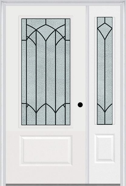 MMI 3/4 Lite 1 Panel 6'8" Fiberglass Smooth Montclaire Wrought Iron Exterior Prehung Door With 1 Montclaire Wrought Iron 3/4 Lite Decorative Glass Sidelight 608