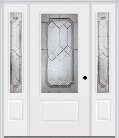 MMI 3/4 Lite 1 Panel 6'8" Fiberglass Smooth Majestic Nickel Exterior Prehung Door With 2 Majestic Nickel 3/4 Lite Decorative Glass Sidelights 608