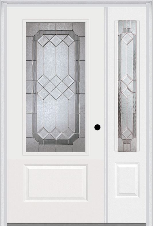 MMI 3/4 Lite 1 Panel 6'8" Fiberglass Smooth Majestic Nickel Exterior Prehung Door With 1 Majestic Nickel 3/4 Lite Decorative Glass Sidelight 608