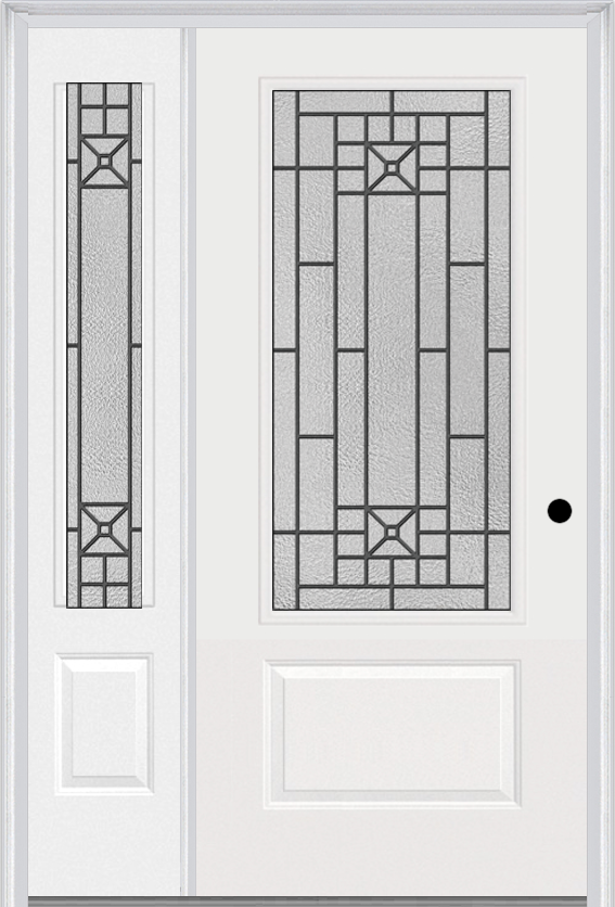MMI 3/4 Lite 1 Panel 6'8" Fiberglass Smooth Courtyard Nickel Vein Wrought Iron Exterior Prehung Door With 1 Courtyard Nickel Vein Wrought Iron 3/4 Lite Decorative Glass Sidelight 608