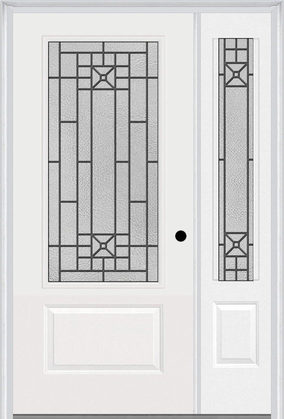 MMI 3/4 Lite 1 Panel 6'8" Fiberglass Smooth Courtyard Nickel Vein Wrought Iron Exterior Prehung Door With 1 Courtyard Nickel Vein Wrought Iron 3/4 Lite Decorative Glass Sidelight 608